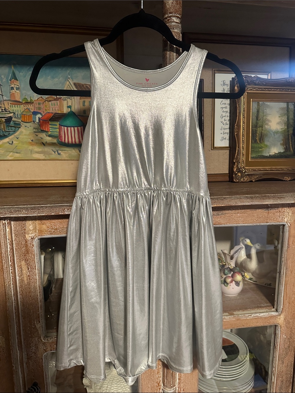 Pink Chicken Metallic Silver Tank Dress for Kids